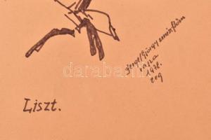 Jergel György (?-): Liszt Ferenc portréja. Filctoll, papír, jelzett, lap felső része sérült, grafika...