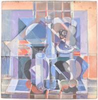 Miskei László (1937-2015): Konstruktivista csendélet. Olaj, fa, jelzett, jobb felső sarka sérült. Há...