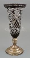 Ezüst(Ag) talpas ólomkristály váza, jelzett, metszett, apró kopásokkal, m: 30,5 cm