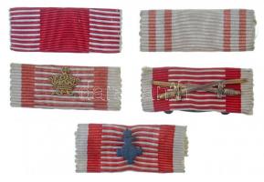 5xklf. kitüntetésének eredeti szalagsávja (Katonai Érdemkereszt kardokkal, Bronz Katonai Érdemérem (hímzett koronával), Károly Csapatkereszt, Koronás Vas Érdemkereszt (miniatűrrel), Vörös Kereszt bármely fokozata) jó állapotban  5xdiff original thin ribbons of the Military Cross of Merit with swords, Bronze Military Medal of Merit (with embroidered crown), Charles Team Cross, Crowned Iron Cross of Merit (miniature), any of the degrees of the Red Cross decoration in good condition NMK 178., 246., 295., 282-287., 227.