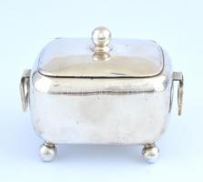 Ezüst(Ag) cukordoboz, golyó lábakkal és fogógombbal, szögletes fülekkel, zsanéros fedéllel, XX. sz m...