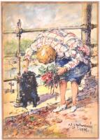 Olvashatatlan jelzéssel: Buksi a pesti Dunaparton. Vegyes technika, papír, lap szélén ragasztás mara...