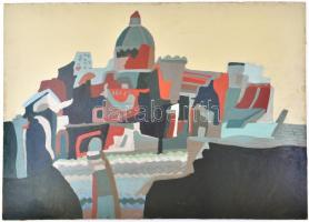 Ugocsai László (1944-): Műemlék. Olaj, farost, jelzett, hátoldalán Képcsarnok Vállalat címkéjével és...