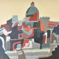 Ugocsai László (1944-): Műemlék. Olaj, farost, jelzett, hátoldalán Képcsarnok Vállalat címkéjével és...