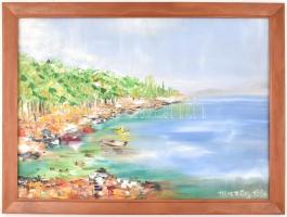 Herczeg János (?-): Cavtati úszók, 1986 (Jugoszlávia). Olaj, farost. Jelzett, hátoldalán autográf fe...