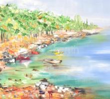 Herczeg János (?-): Cavtati úszók, 1986 (Jugoszlávia). Olaj, farost. Jelzett, hátoldalán autográf fe...