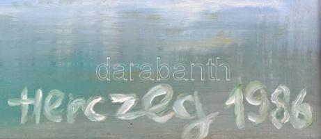 Herczeg János (?-): Cavtati úszók, 1986 (Jugoszlávia). Olaj, farost. Jelzett, hátoldalán autográf fe...