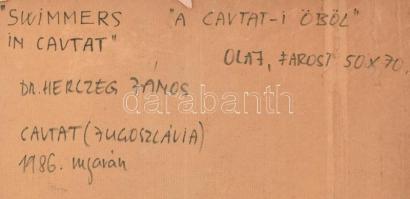 Herczeg János (?-): Cavtati úszók, 1986 (Jugoszlávia). Olaj, farost. Jelzett, hátoldalán autográf fe...