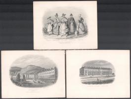 cca 1860 10 db rézmetszet a wales-i Llandudnoról, + 1 db rézmetszet korabeli női ruhákról, 11x15 cm