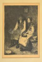 Fényes Adolf (1867-1945), Zádor István (1882-1963): Fiatal pár. Rézkarc, papír, jelzett, üvegezett fakeretben, 27×19 cm
