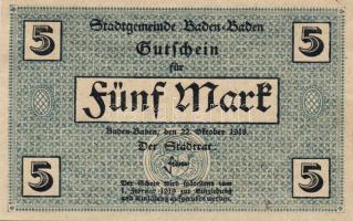 Német Birodalom/Császárság/Baden-Baden 1918.10.18. 1M,2M,5M,20M,50M komplett sor! T:I,II Összesen 5k...