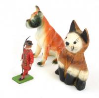 Vegyes bolha tétel: ólomkatona, m: 7 cm + fa, festett macska, 8,5x6,5 cm + jelzetlen, kézzel festett...