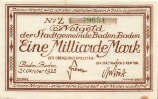 Német Birodalom/Weimari Köztársaság/Baden-Baden 1923.10.31. 1000.000.000M sorszám variáns T:I- foltos
