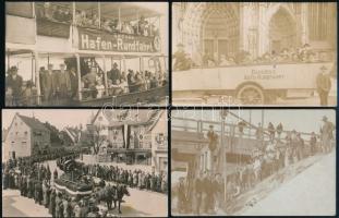 cca 1910-1930 Vegyes fotólap tétel, közte autós és hajós körutazás, felvonulás, valamint fotólap a mariazell-i Rohrbacherhof hotelről, 5 db, 8,8x13,8 cm és 9x14 cm közötti méretekben