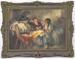 Péczely Antal (1891-1944): Menyecskék. Olaj, vászon, sérült (apró lyukkal a vásznon), jelzett. Dísze...