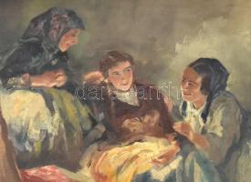 Péczely Antal (1891-1944): Menyecskék. Olaj, vászon, sérült (apró lyukkal a vásznon), jelzett. Dísze...