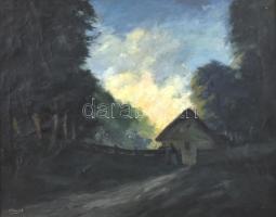 Péczely Antal (1891-1944): Beszélgetés napnyugtakor. Olaj, vászon, restaurált, jelzett. Díszes, neobarokk stílusú fa keretben, 55×69 cm