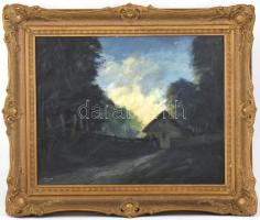 Péczely Antal (1891-1944): Beszélgetés napnyugtakor. Olaj, vászon, restaurált, jelzett. Díszes, neob...