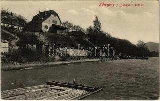 1910 Zebegény, Duna-parti részlet, tutaj, nyaraló, villa. Zoller József 301. sz. + BUDAPEST - POZSONY - WIEN 2 A vasúti mozgóposta bélyegző