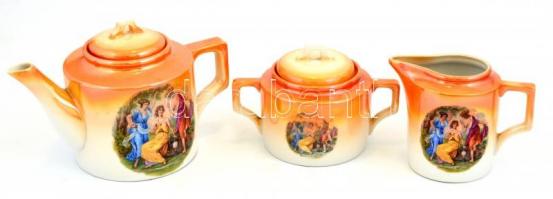 Zsolnay teázó szett, kannával, kiöntővel, cukortartóval, 6 db csészével és hozzá tartozó aljakkal, m...