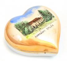 Zsolnay Harkányi emlék porcelán szív alakú dobozka, matricás, jelzett, apró kopásokkal, 9x9 cm