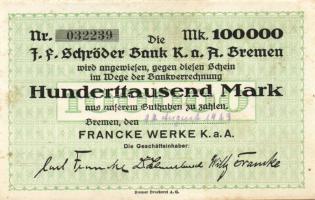 Német Birodalom/Weimari Köztársaság/Bremen/Francke Werke K.a.K. 1923.8.10. 100.000M T:I- foltos