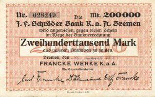 Német Birodalom/Weimari Köztársaság/Bremen/Francke Werke K.a.K. 1923.8.15. 200.000M T:I- foltos, felső ívszéles kis szakadás