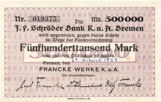 Német Birodalom/Weimari Köztársaság/Bremen/Francke Werke K.a.K. 1923.8.29. 500.000M T:I- kissé foltos