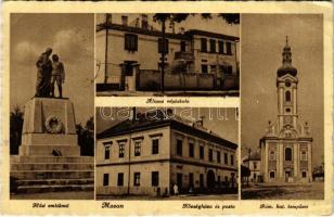 1949 Moson, Hősök szobra, emlékmű, Állami népiskola, Községháza és posta, Római katolikus templom (EB)