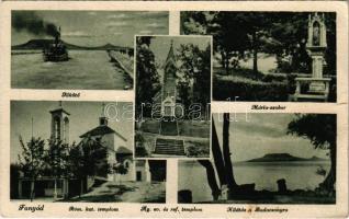 1948 Fonyód, kikötő, Mária-szobor, Római katolikus templom, Evangélikus és református templom, kilátás a Badacsonyra (EB)