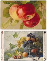 4 db régi gyümölcsös művészlap, közte litho / 4 pre-1945 fruit still life art postcards, including litho