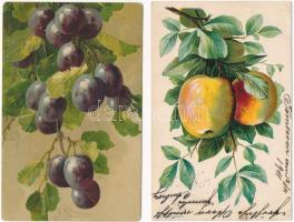 4 db régi gyümölcsös művészlap, közte litho / 4 pre-1945 fruit still life art postcards, including l...