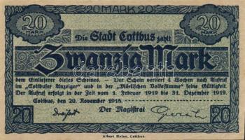 Német Birodalom/Weimari Köztársaság/Cottbus 1918.11.20. 20M T:I- Saroktörés!