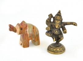 Márvány elefánt figura, 4x5 cm + Ganesha fém figura, m: 7,5 cm