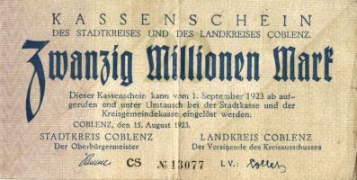 Német Birodalom/Weimari Köztársaság/Coblenz/Stadtkreis und Landkreis 1923.8.15. 20.000.000M T:II/III