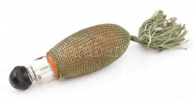 Parfümös pipetta fújóka, üveg-műanyag, zöld hálós szövetben, h: 11 cm