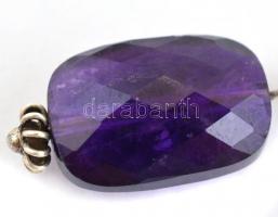 Ezüst(Ag) fazettált csiszolású ametiszt lógós fülbevalópár, jelzett, 3,5x0,8 cm, bruttó: 3,21 g
