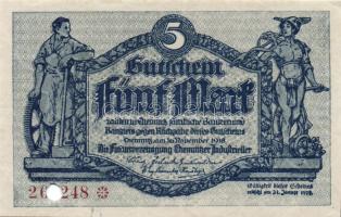 Német Birodalom/Weimari Köztársaság/Chemnitz/Finanzvereinigung 1918.11.10. 5M hivatalos érvénytelenítéssel T:I- Pici saroktörés!