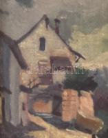 Olvashatatlan jelzéssel: Hegyvidéki utca. Olaj, karton, díszes fa keretben, 13x9 cm