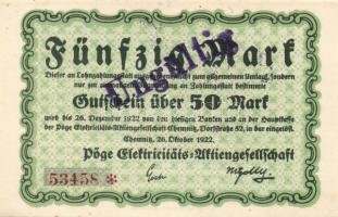 Német Birodalom/Weimari Köztársaság/Chemnitz/Pöge Elektrizitäts-Aktiengesellschaft 1922.10.26. 50M hivatalos érvénytelenítéssel T:I