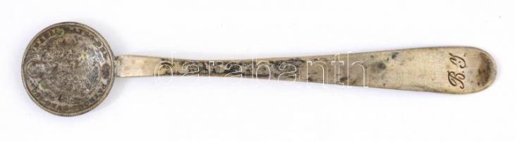 Ezüst(Ag) 1843. 10K-ás érmefejes kiskanál, ezüst monogrammos nyéllel, jelzés nélkül, h: 11 cm, nettó: 11 g