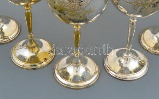 6 db ezüstözött réz boros pohár készlet, néhány helyen megkopva, m: 17 cm