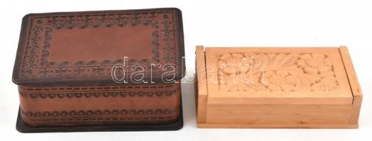 Faragott fa doboz, jó állapotban, 3,5x8x14,5cm + bőr borítású díszes fa doboz, jó állapotban, 6x11x15 cm