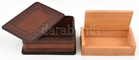 Faragott fa doboz, jó állapotban, 3,5x8x14,5cm + bőr borítású díszes fa doboz, jó állapotban, 6x11x1...