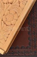 Faragott fa doboz, jó állapotban, 3,5x8x14,5cm + bőr borítású díszes fa doboz, jó állapotban, 6x11x1...