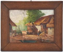 Olvashatatlan jelzéssel: Cséplés. Olaj, kartonon, sérült. Fa keretben, 32x42,5 cm