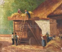 Olvashatatlan jelzéssel: Cséplés. Olaj, kartonon, sérült. Fa keretben, 32x42,5 cm