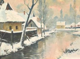 Olvashatatlan jelzéssel: Téli táj. Olaj, vászon. Díszes, neobarokk stílusú fa keretben, 50x69,5 cm