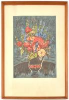 Ismeretlen jelzéssel: Virágcsendélet. Színes linómetszet, papír, jelzett a metszeten. Üvegezett fa k...