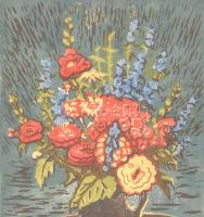 Ismeretlen jelzéssel: Virágcsendélet. Színes linómetszet, papír, jelzett a metszeten. Üvegezett fa k...